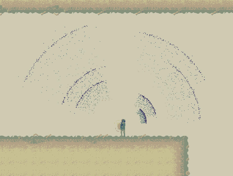 Pixelated Astronaut shooting his sound ray gun.